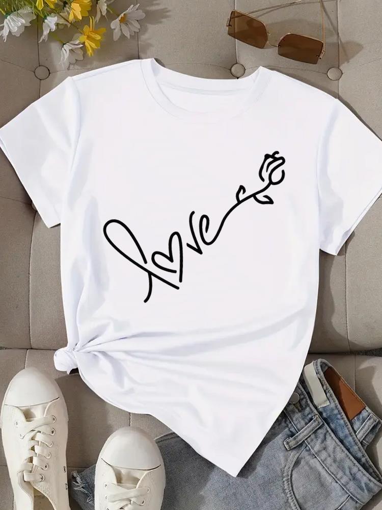 (Азиатский размер) Принт Мода Женская Футболка Топ Женская Одежда Футболка принт сердце любовь Женская Футболка с Коротким Рукавом Графические Футболки