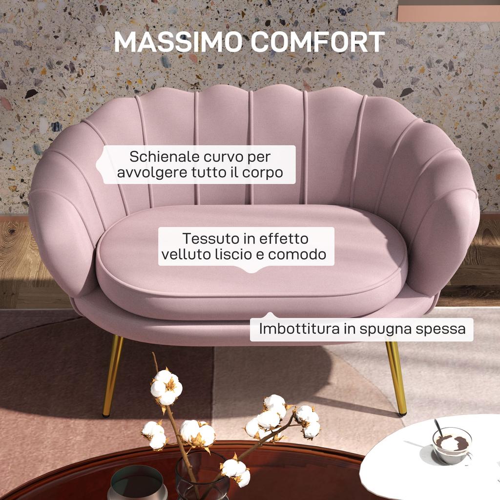 2-Seater Small Sofa in Industrial Chic Style in Velvet-Effect Fabric and Metal, 130x77x77 cm, Pink