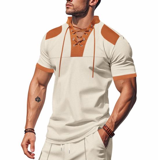 Мужская рубашка с V-образным вырезом на бретелях, цветная футболка с коротким рукавом в вафельную клетку, повседневная летняя футболка для повседневной вечеринки, офиса, путешествий