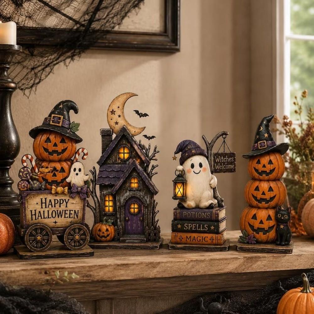 Vintage Halloween Pumpkin Ghost Figurine 2D Flat Halloween Wooden Sign Home Decor