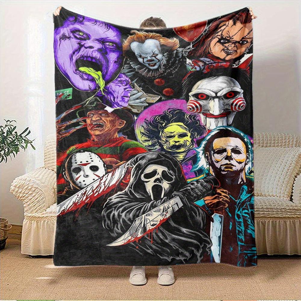 For Horror Icons,Halloween Monsters,Film Characters-Themed Flannel Blanket, Glam Style, Digital Print, All-Season Comfort, Tear-Resistant, K