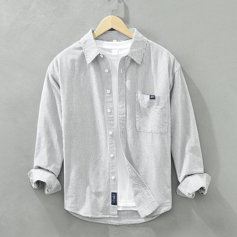 Мужские рубашки с длинным рукавом в японском стиле в полоску для весны и лета, 100% хлопок, мужская повседневная рубашка