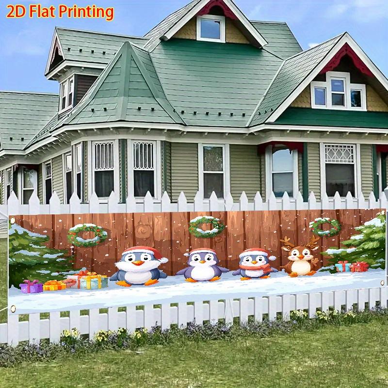 Winter Christmas Fence Banner, Row of Cute Penguins & Pine Trees Design, Polyester Outdoor Lawn Wall Festival Decoration