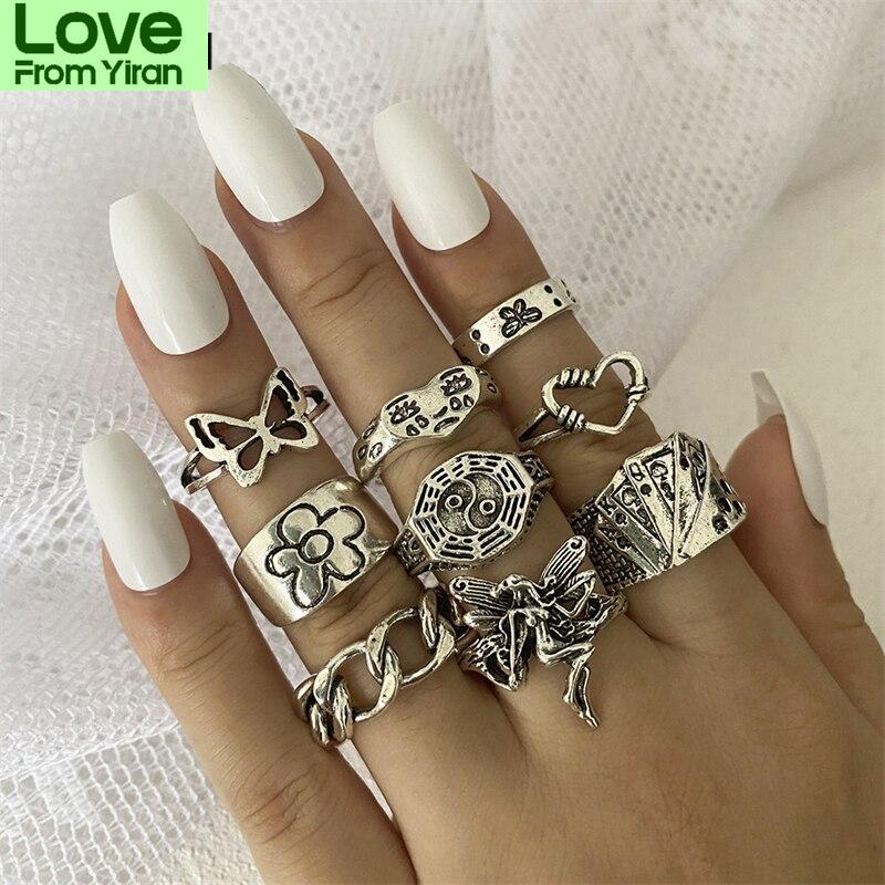 Винтажный готический набор колец Goblincore, уникальное серебряное кольцо с сердечком, бабочкой и змеей, сказочные аксессуары в стиле гранж, ювелирные изделия в стиле панк, хип-хоп, Y2k