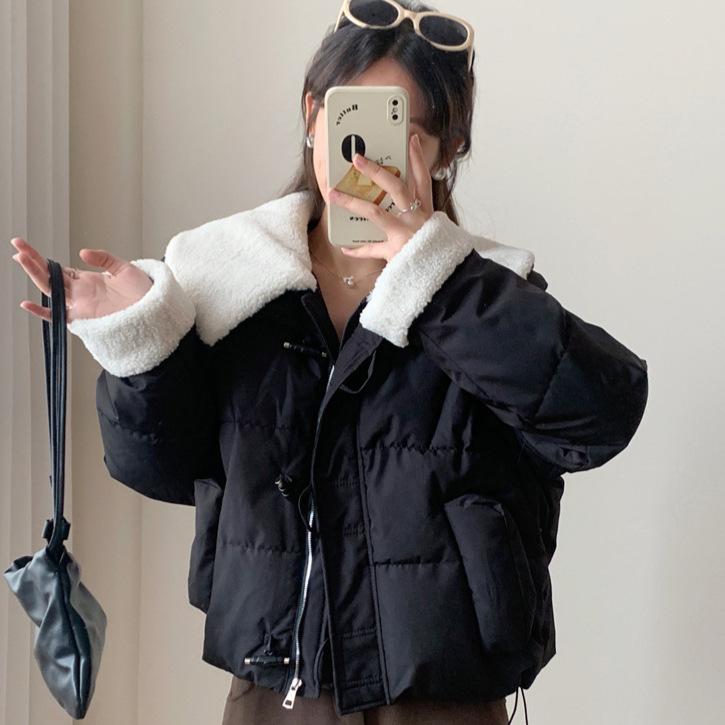 Lamb wool large lapel down cotton jacket women's winter new warm student short bread jacket