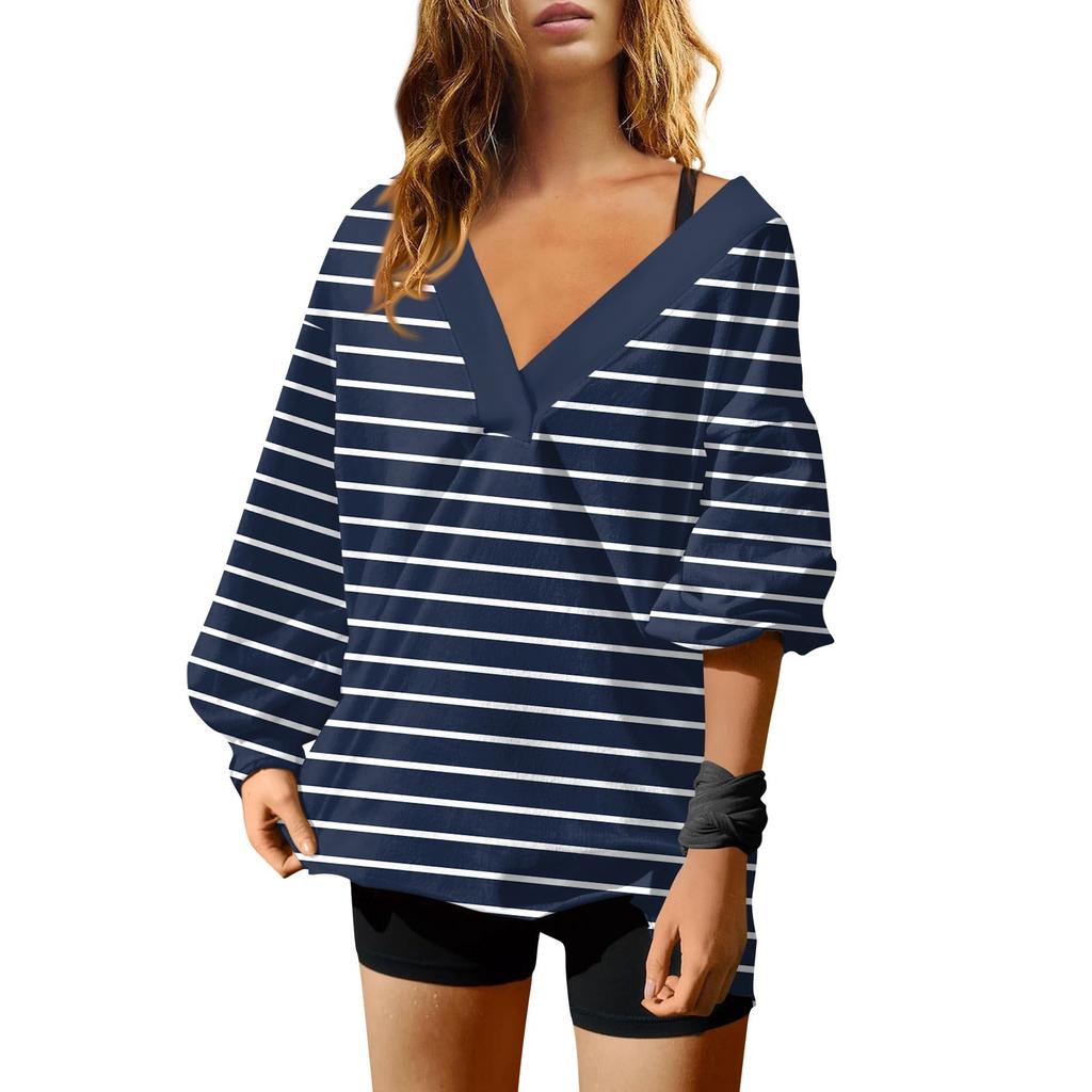 Женская мода полосатый принт V-образный вырез длинный рукав свободный пуловер свитшот топ