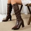 Fashion Comfort Soft Wrinkled Pu Solid Knee Boots Women 2025 Autumn Sexy Pointed Toe Super High Heel Boots Warm Square Heel Long Boots