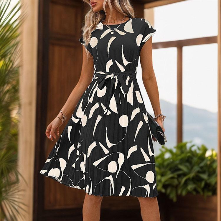 Autumn Winter Women Lace Up High Waist Long Sleeve Pleated Dress Temperament Print