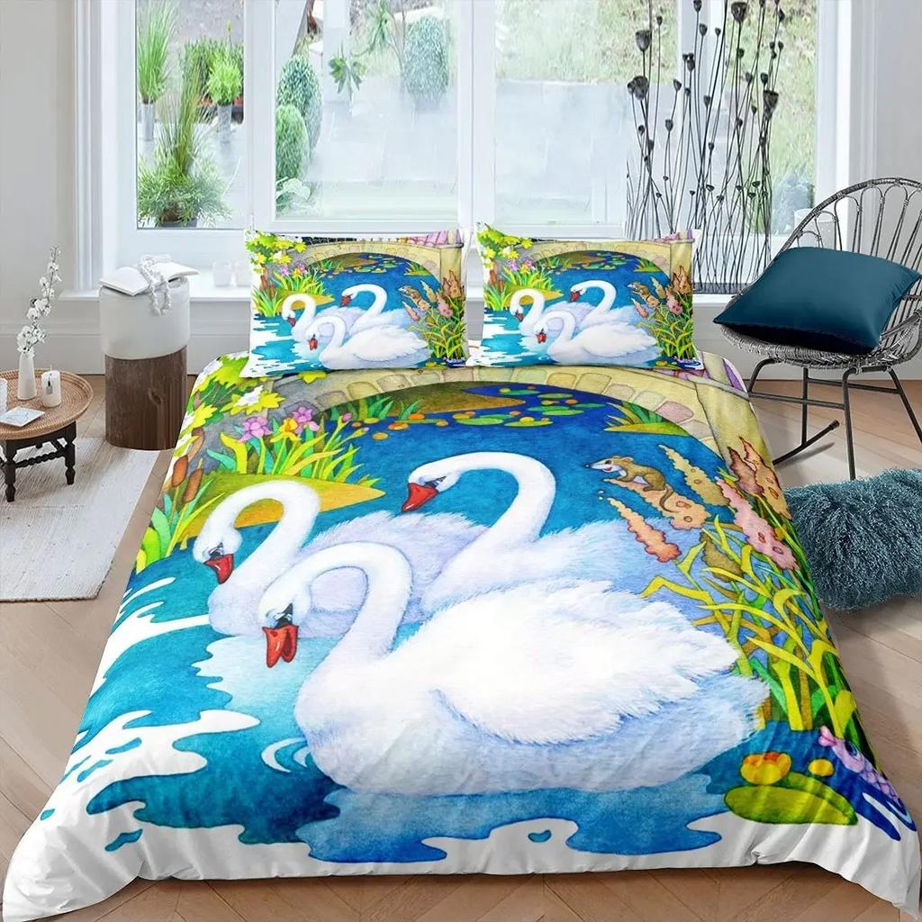 Swan Black And White Swan Comfortable Duvet Quilt Cover Pillowcase Bedding Set Children Bedroom Decoration Home Textile