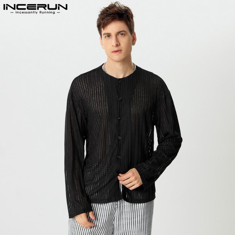 INCERUN Мужские рубашки без воротника, прозрачные, на пуговицах, повседневные, прозрачные топы