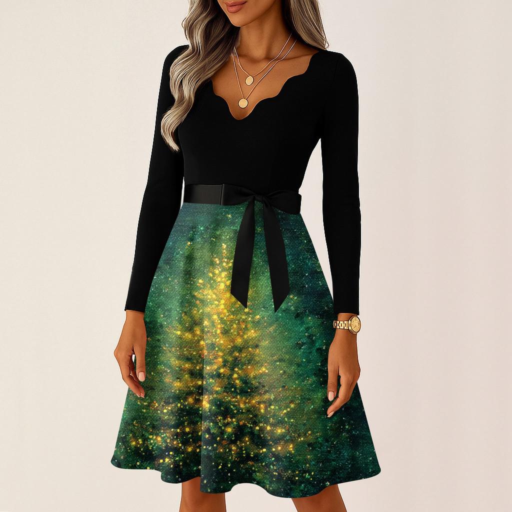 Женские повседневные модные платья с V-образным вырезом и длинным рукавом, с рождественским принтом для вечеринки, винтажные длинные платья