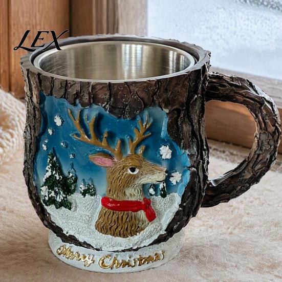 Christmas Mug Decorations Theme with Stainless Steel Liner, 3D Relief Hand Snowman Gift Mugs Painted Resin Coffee Cup, Decorative Drinkware