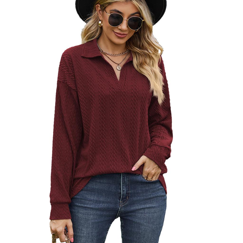 Spring and Autumn Women's Blouse Solid Color Lapel Loose Sweatshirt Long Sleeve Top