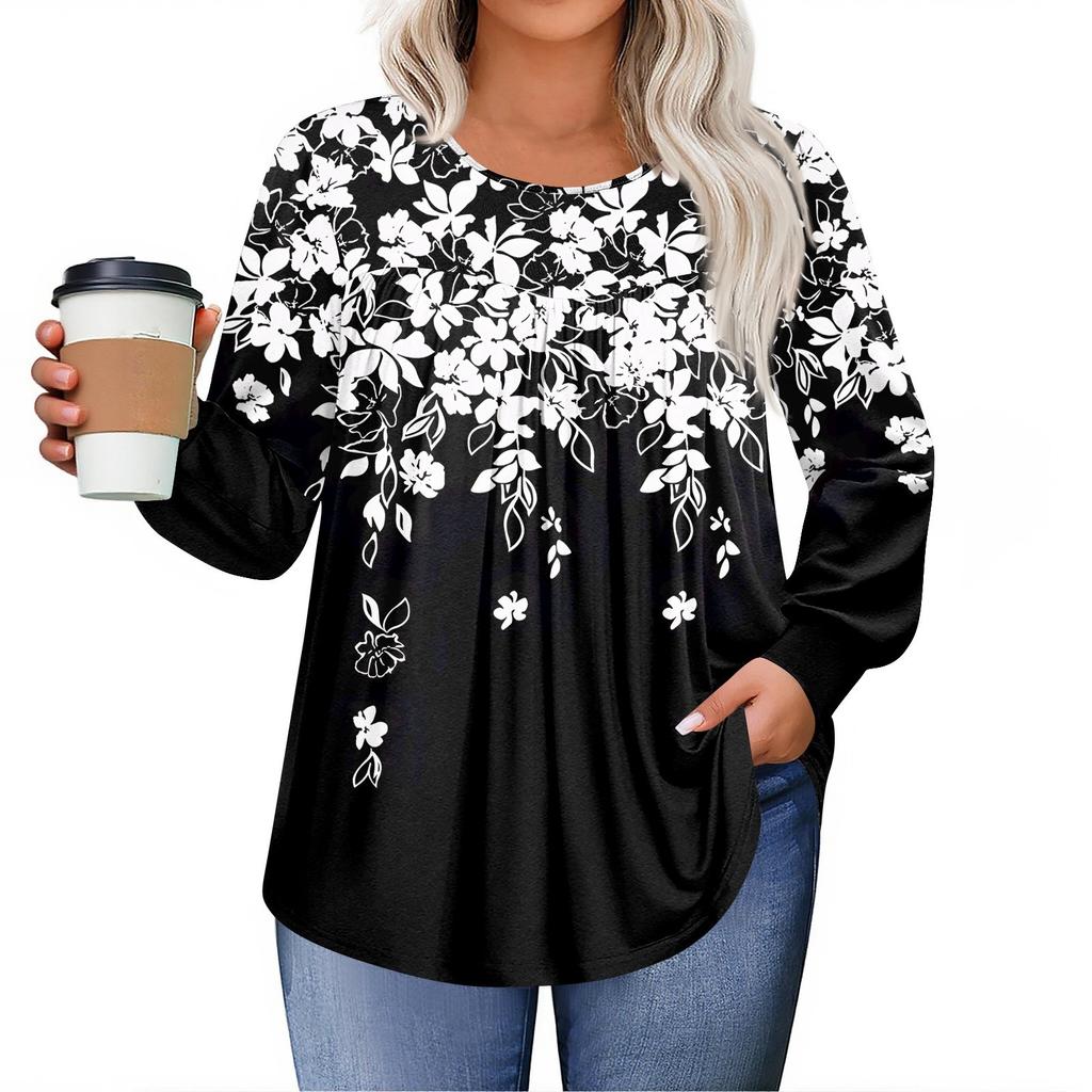 Womens Plus Size Tops Long Sleeve Shirts Round Neck Flowy Tunic Casual Loose Blouse L-5X