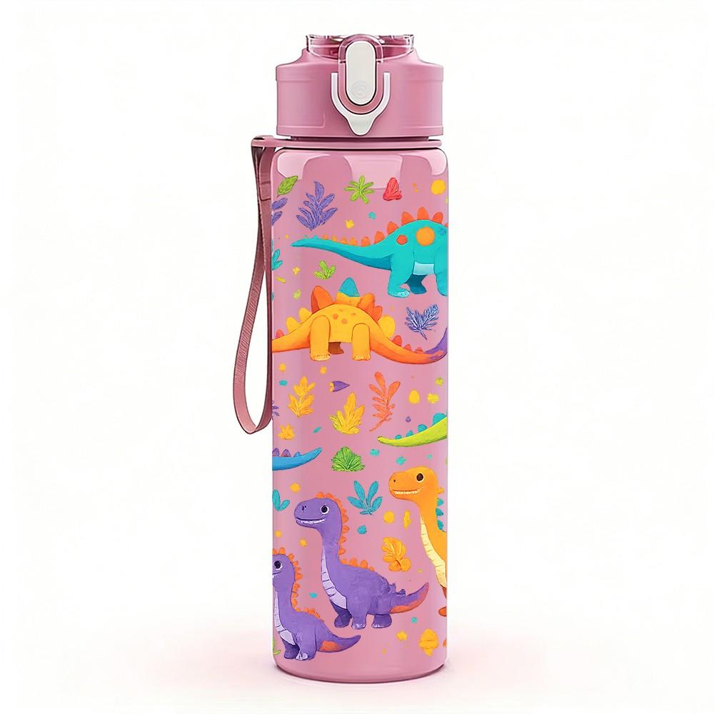 1PC Dinosaur Cartoon Colorful Sticker Print 750ml Color Plastic Sports Water Bottle Leakproof Flip Straw Lid Suitable for Sports Office Home Use