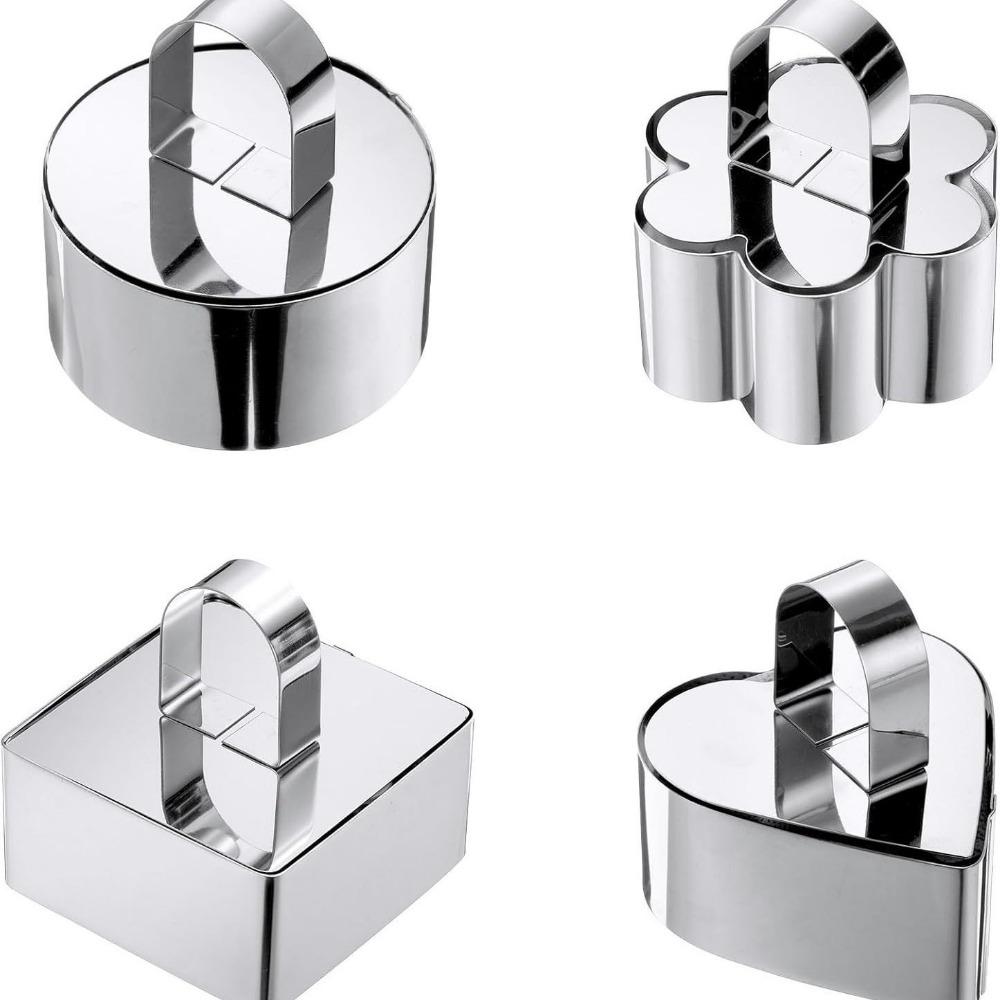 4Pcs Stainless Steel Cake Ring Mold Reusable Easy Release Cooking Ring DIY Baking Surface Smooth Dessert Food Molds with Pushers