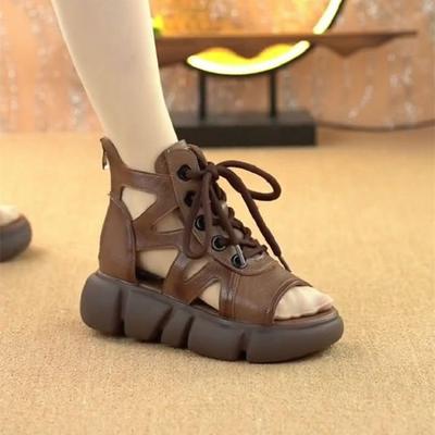 Крутые ботинки с высоким верхом женские полые дышащие 2025 новый летний толстоподошвенные нескользящие ботинки с открытым носком сумка и ретро римские сандалии