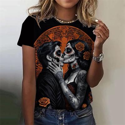 Летняя свободная женская футболка с коротким рукавом и круглым вырезом, с принтом черепа нежити в стиле хоррор, футболка с 3D-принтом 'Таинственная девушка'