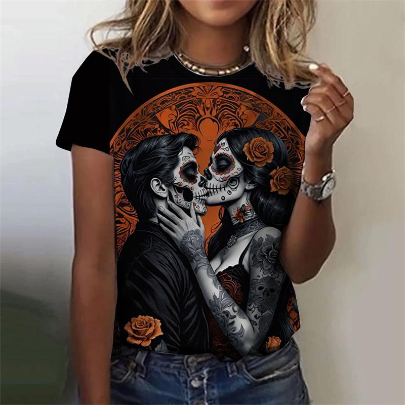 Футболка с рисунком черепа ужасов нежити для женщин, футболки с 3D-принтом для таинственной девушки, летние свободные топы с круглым вырезом, футболки с коротким рукавом