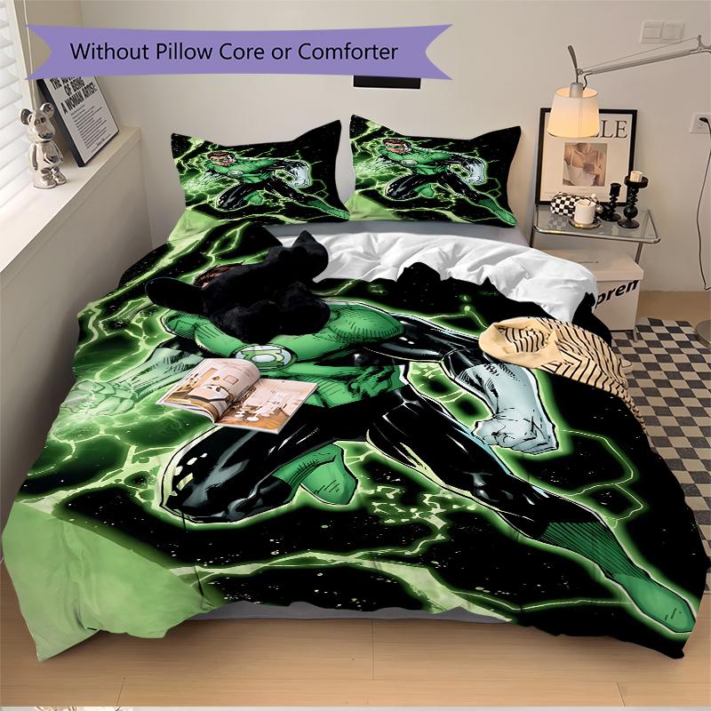 3Pcs Green Lantern Action Bedding Set Soft Fabric Duvet Cover Pillowcases Home Christmas Xmas Halloween Gift 1 Duvet Cover 2 Pillowcase G139