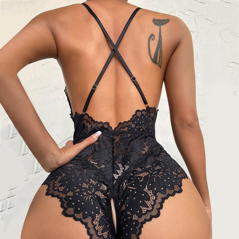 New Sexy Hollow Lace Deep Open Crotch One-piece Erotic Underwear Set