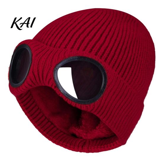 Thermal Windproof Hat Knitted with Goggles, Unisex Winter Hat, Fleece Lined, Cold Protection Knit Cap Warm Skull for Outdoor Cycling Skiing