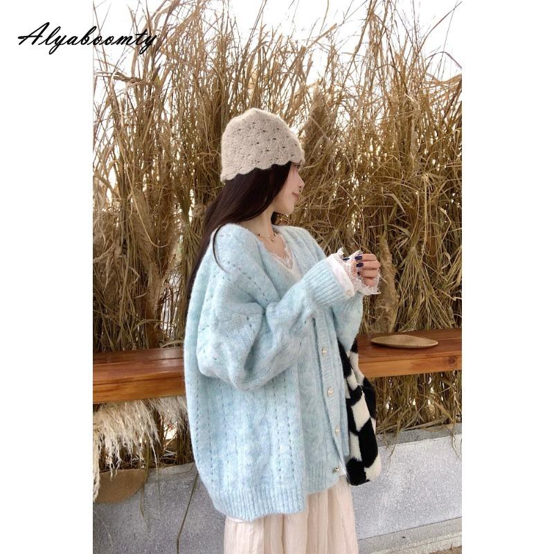 Корейская мода Осень Зима Женский вязаный свитер V-образный вырез Оверсайз Синий Вязаный кардиган Мешковатый Женский Сладкий Теплый Верхняя одежда