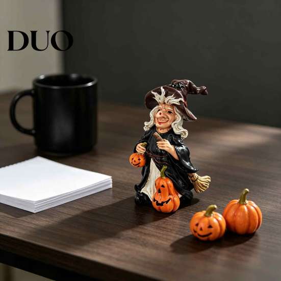 Decorative Resin Pumpkin Figures Halloween Witch Figurine, Vintage Hand-Painted Ornament, Spooky Tabletop Collectable Gifts Decor for Desk Shelf
