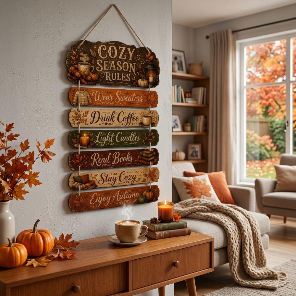 2D Flat Cozy Season Rules Wood Plaque Cozy Season Pumpkin Maple Door Hanger Farmhouse Decor