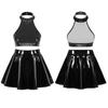 Womens Shiny Patent Leather Crop Top Vest with Mini Pleated Skirt Cheerleading Dance Set