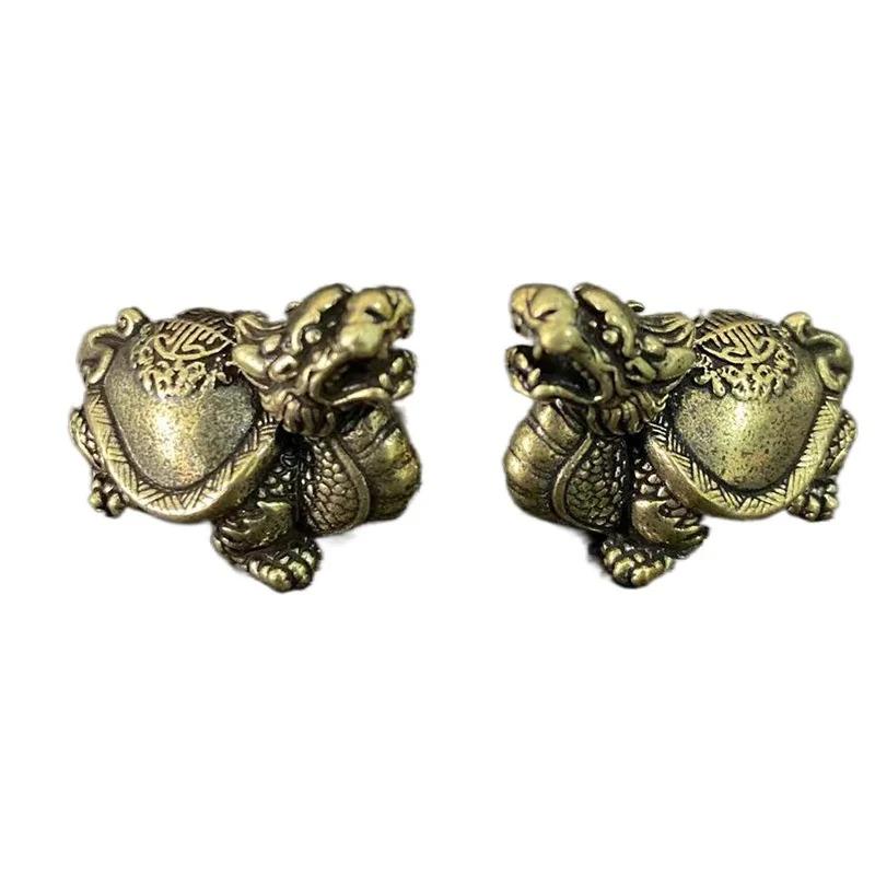 Счастливая статуэтка животного Настольное украшение Декор Ретро Латунь Мифическое существо Голова дракона Тело черепахи Фигурки Миниатюры Тяжелая медь
