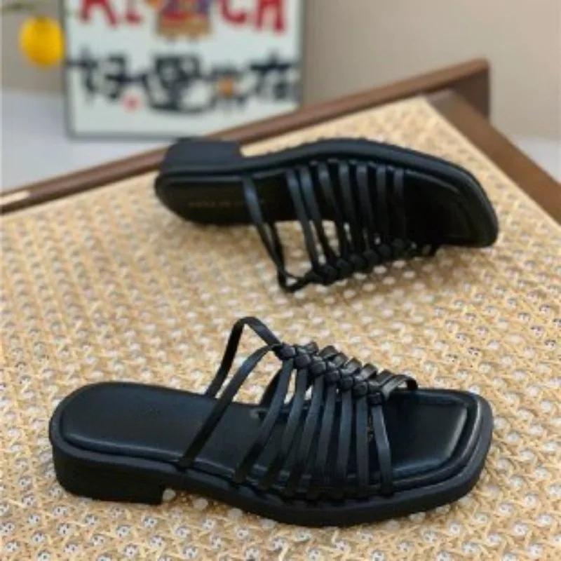 Мода Мода Уличные тапочки Лето Новые Квадратный носок Открытый носок Крест Тонкий ремешок Простые Универсальные Мягкая подошва Низкий каблук Сандалии