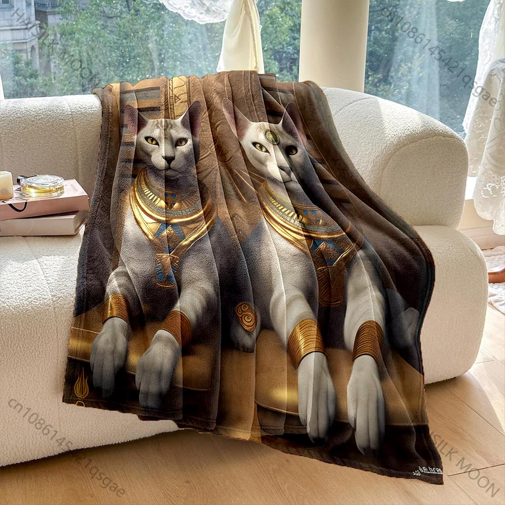 1PC Egyptian themed Cat Statues Pattern Blanket Flannel Material Soft Warm for All Seasons, Home Outdoor Camping Picnics RV