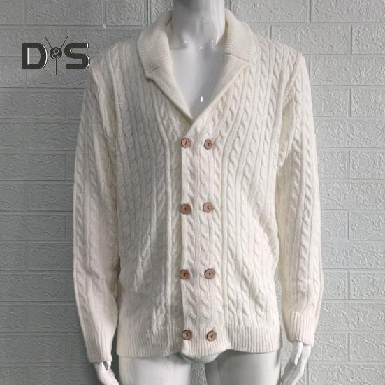 Осень-зима мужской свитер двубортный с пуговицами и лацканами, длинные рукава, скрученная фактура, однотонное толстое эластичное трикотажное пальто