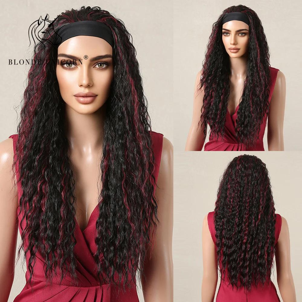 Elegant Synthetic Headband Wig Long Wavy Curly Black Straight Wigs with Headbands for Women and Girls Heat Resistant