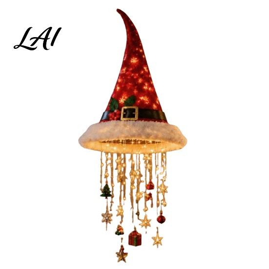 Reusable Xmas Entrance Decorations Lighted Santa Hat Hanging Chandelier Warm LED Christmas String Sequined Cone Pendant Decor with Housewarming