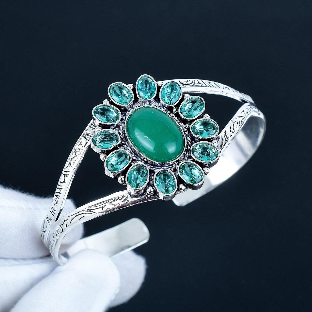 Браслет-манжета из зеленого оникса ручной работы, браслет-манжета из стерлингового серебра 925 пробы, браслет в форме цветка индиголита для жены, унисекс, подарок жене