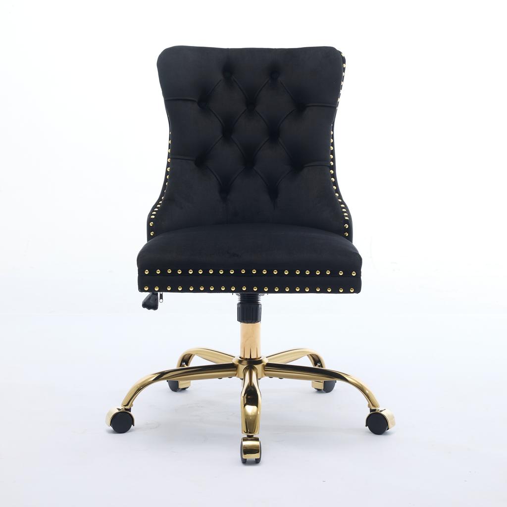 Modern Velvet Upholstered Tufted Button Home Office Chair with Golden Metal Base,Adjustable Desk Chair Swivel Office Chair (Black),DE1923BK