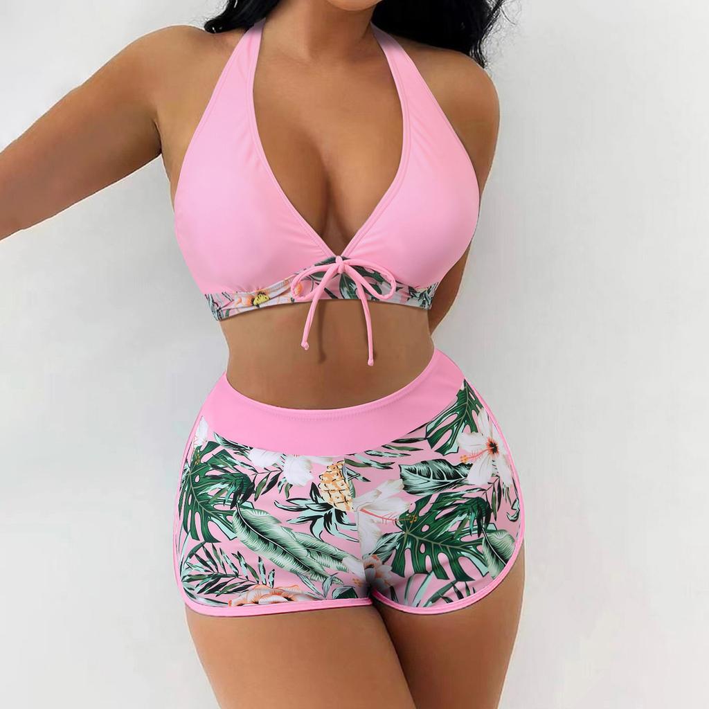 Women's Paneled Printed Swimsuit Ladies Split Boxer  High Waist Swimsuit Two-Piece Set