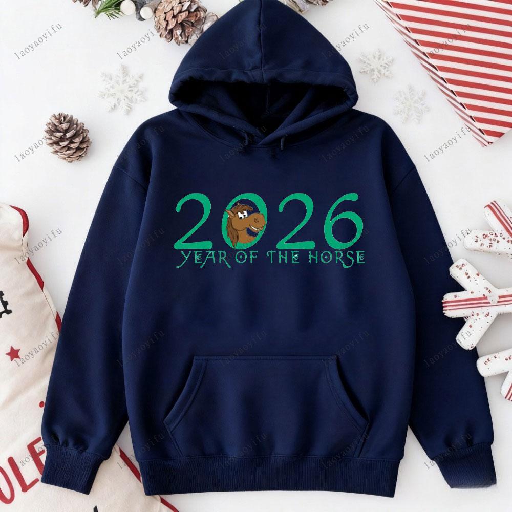 Horse Year Happy New Year 2026 Chinese New Year Graphic Hoodie Essentials Hoodie Street Fashion Pullover Drop Shoulder Tracksuit