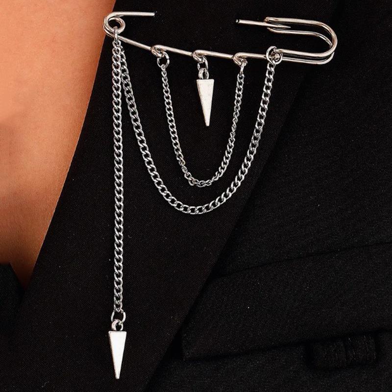 Korean New Fashion Four Stars Zircon Tassel Chain Metal Brooch for Women Men Suit Pin Cloth Moon Corsage Pin Clothing Jewelry