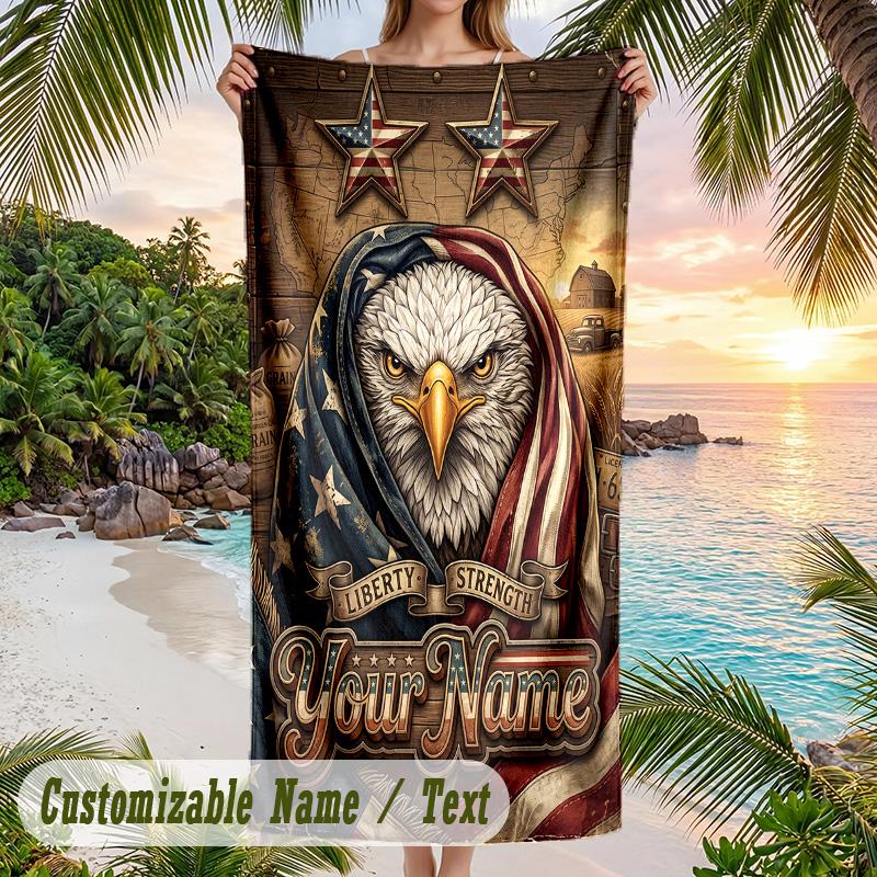 American Patriotic Theme Beach Towel Personalized Custom Name & Text Soft Quick Dry Beach Towel for Swimming Travel