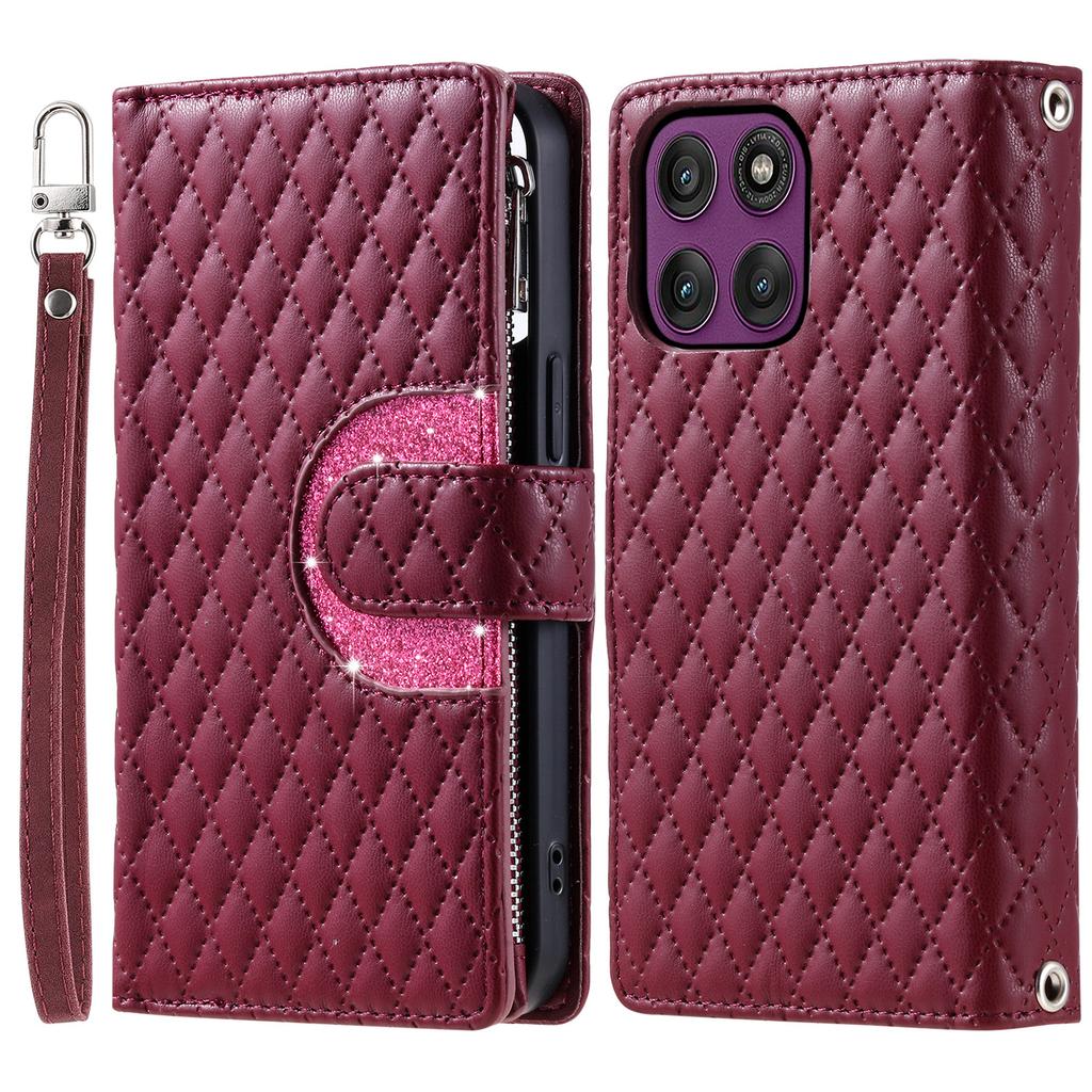 For Motorola Moto G56 5G Case Zipper Pocket Glitter Leather Phone Cover with Wrist Strap