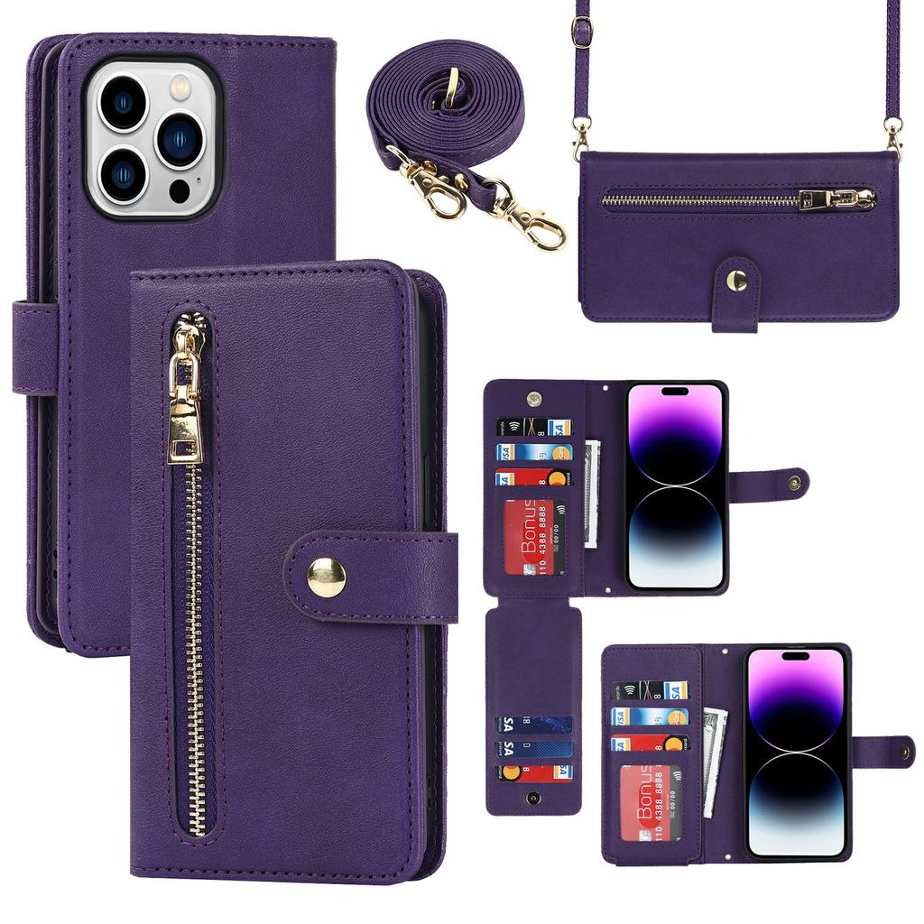 For iPhone 14 Pro Max Stand Case PU Leather Phone Cover with Straps/Zipper Wallet/Multiple Card Slots