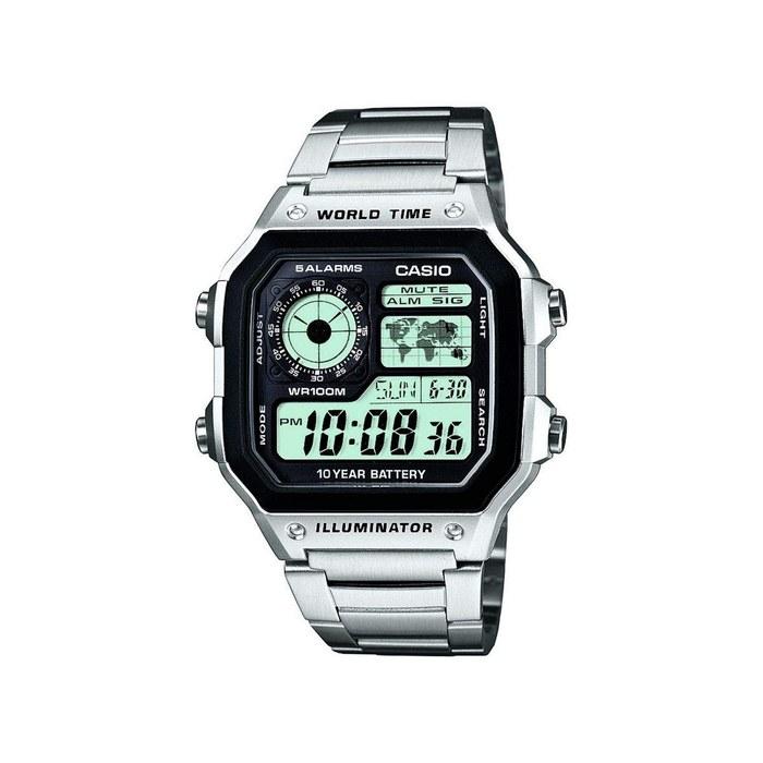 Мужские кварцевые цифровые часы Casio AE-1200WHD-1AVEF - Черный циферблат - Серебристый браслет из нержавеющей стали
