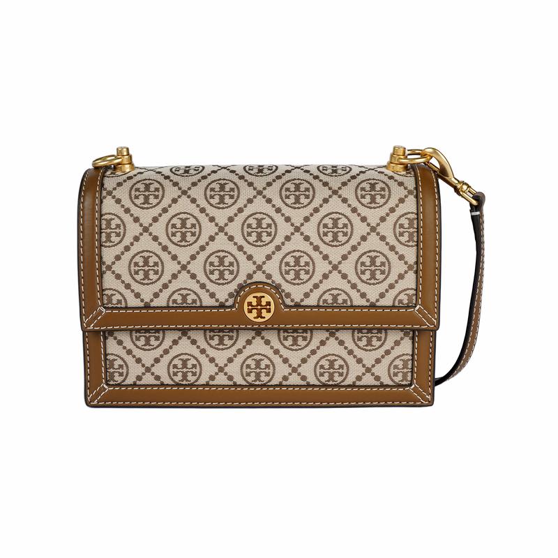 Tory Burch Сумка через плечо на ремне, тканый жаккард с принтом T Monogram по всей поверхности, отделка из кожи, малый размер, женская, цвет лесной орех, 135845-371