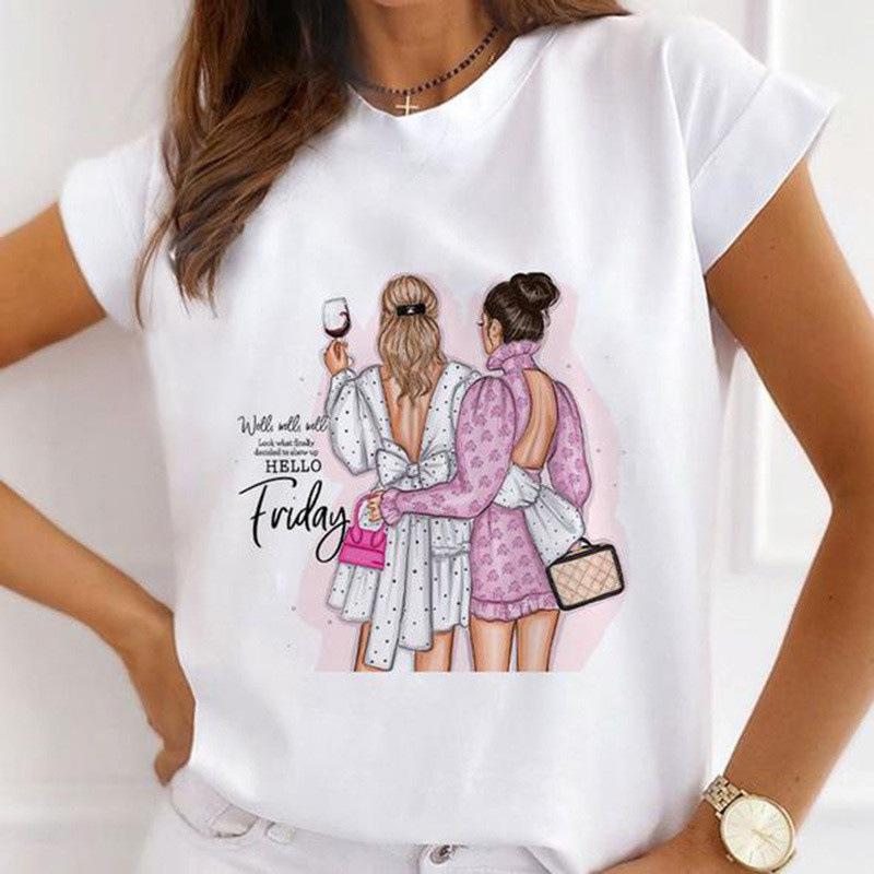 Summer Floral Girl Printed Base Shirt Cute Cartoon Round Neck Plus Size Pure Cotton Short Sleeved Top T-Shirts Women’s