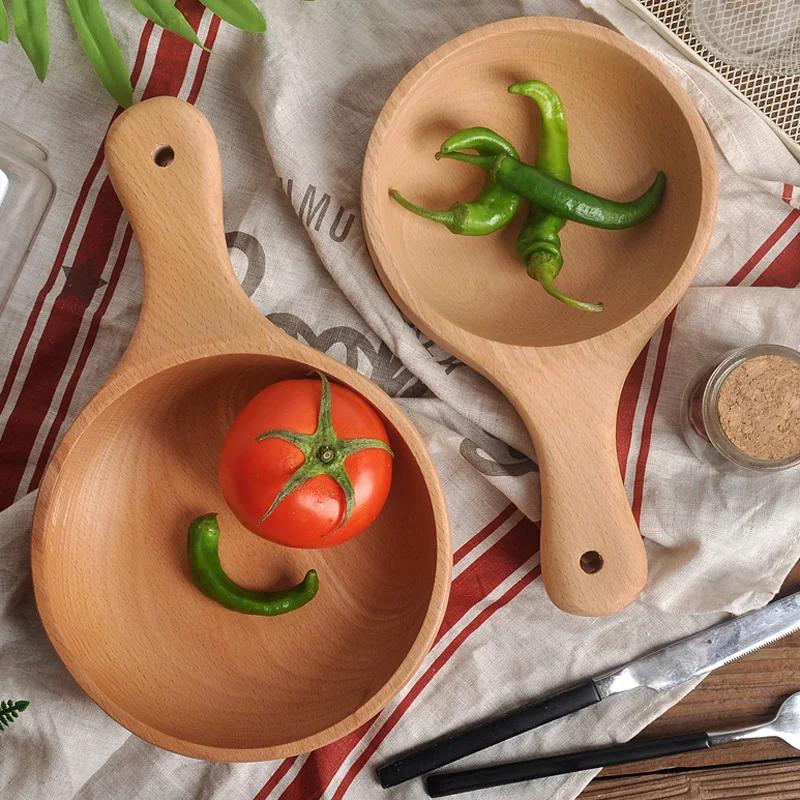 Деревянная миска Кухонные салатные фруктовые миски Большая миска для риса и супа С длинной ручкой Милые деревянные сервировочные миски для еды Японская посуда Столовая посуда