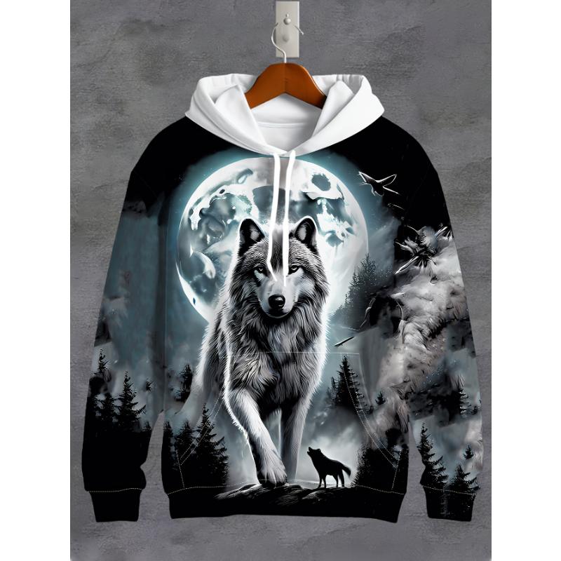 Men'S 3D White Wolf Print Hoodie, Casual Long Sleeve Pullover with Drawstring Pocket, 100% Polyester Slight Stretch Men Clothing