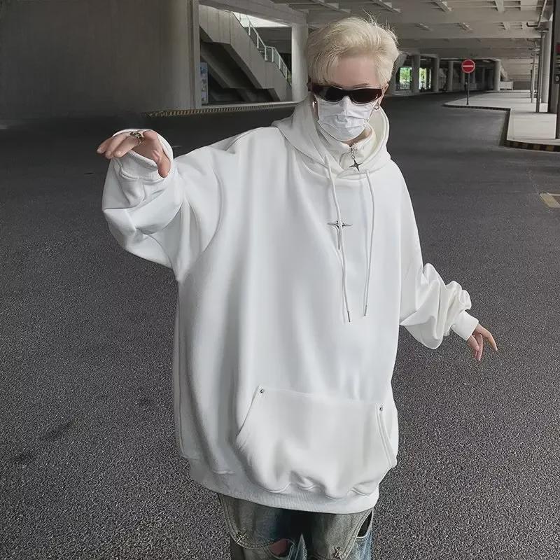 Мужская толстовка с капюшоном и металлическим воротником — американская уличная мода, свободная куртка с полумолнией на весну/осень/зиму
